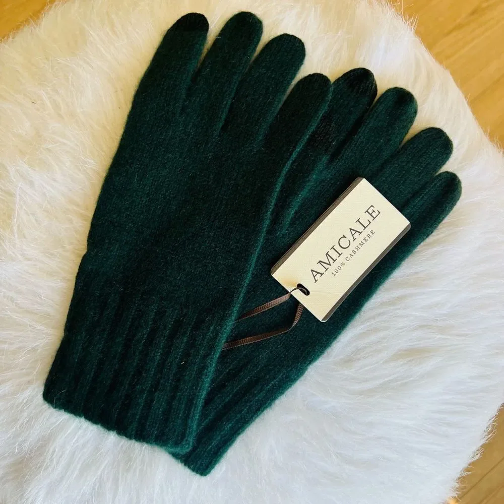 AMICALE Cashmere Touch Screen Tech Knit Gloves, Luxurious, 100%, Dark Green, NWT